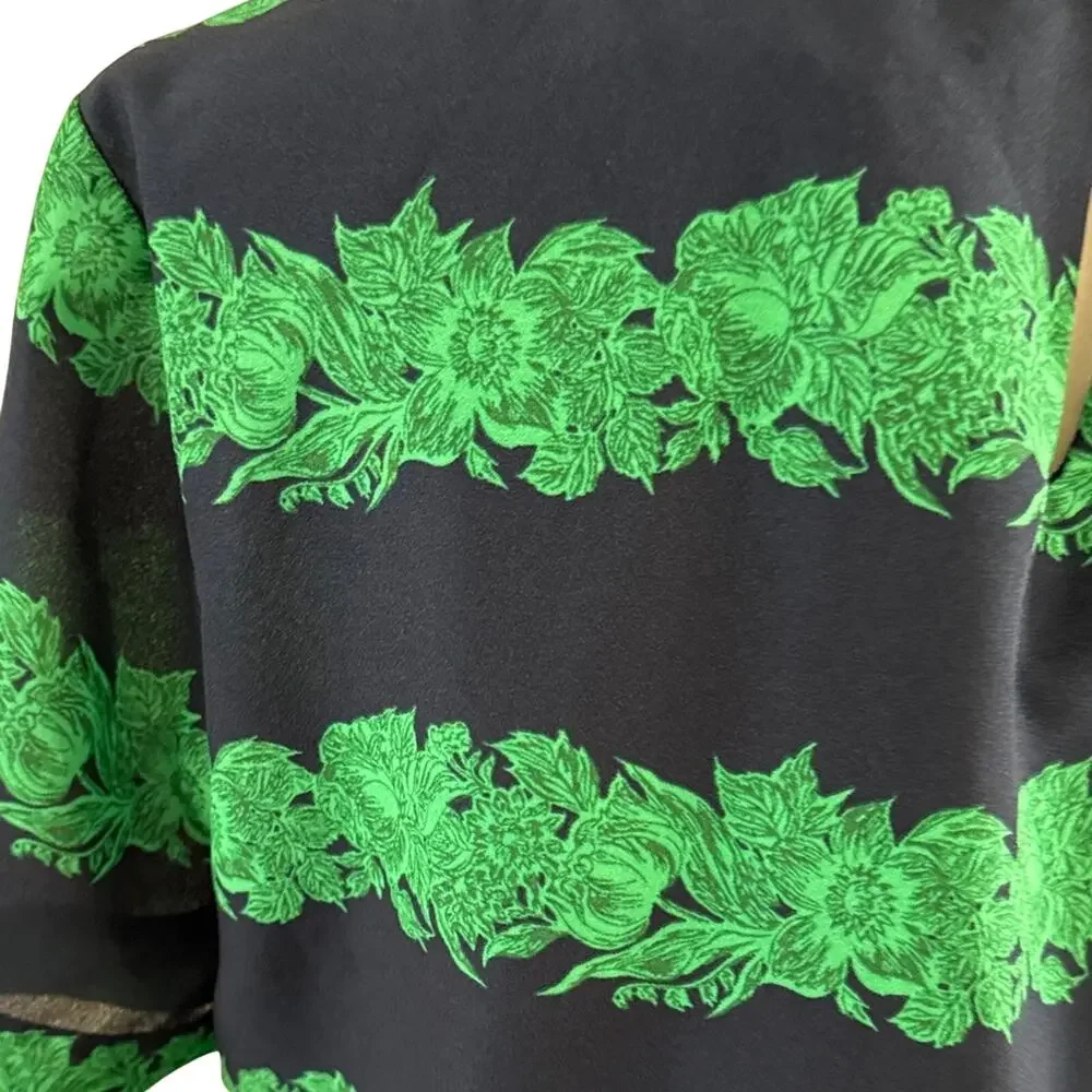 J.Crew Factory Navy Green Floral Stripe Ruffle Neck Blouse Size 12
